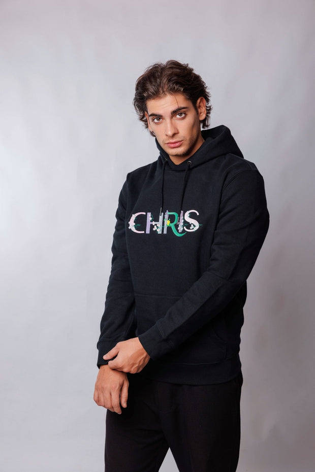 Black Christina Clovi Fitted Cut Hooded Sweatshirt with Black Embroidery, Cotton Fleece (Unisex) - Christina Clovi #