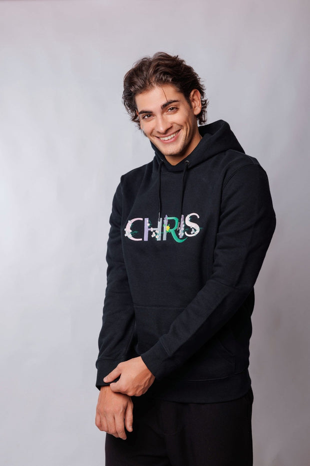 Black Christina Clovi Fitted Cut Hooded Sweatshirt with Black Embroidery, Cotton Fleece (Unisex) - Christina Clovi #