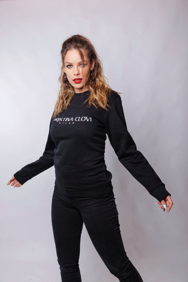 Black Cotton Fleece Sweatshirt with White Christina Clovi Logo Embroidery (Unisex) - Christina Clovi #