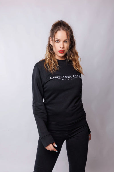 Black Cotton Fleece Sweatshirt with White Christina Clovi Logo Embroidery (Unisex) - Christina Clovi #