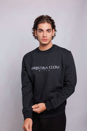 Black Cotton Fleece Sweatshirt with White Christina Clovi Logo Embroidery (Unisex) - Christina Clovi #