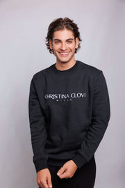 Black Cotton Fleece Sweatshirt with White Christina Clovi Logo Embroidery (Unisex) - Christina Clovi #