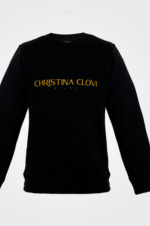 Christina Clovi Gold Embroidery Fitted Cut Sweatshirt in Black Cotton Fleece - Christina Clovi #